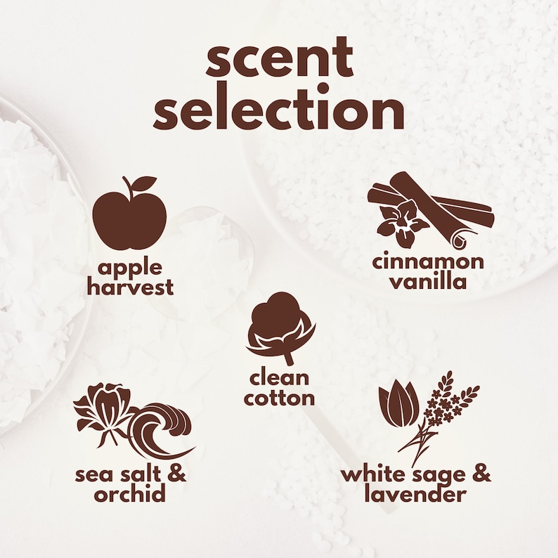 Op de afbeelding: Afbeelding met een geurselectie met illustraties van appeloogst, kaneel-vanille, schone katoen, zeezout & orchidee en witte salie & lavendel. De tekst "scent selection" staat bovenaan.