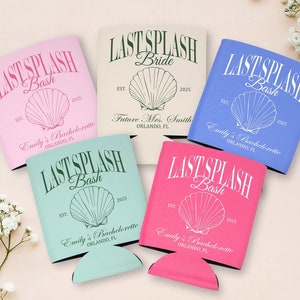May include: Set of six colorful can coolers with a seashell design and the text "Last Splash Bash" and "Emily's Bachelorette" in white. One cooler has the text "Last Splash Bride" in green.