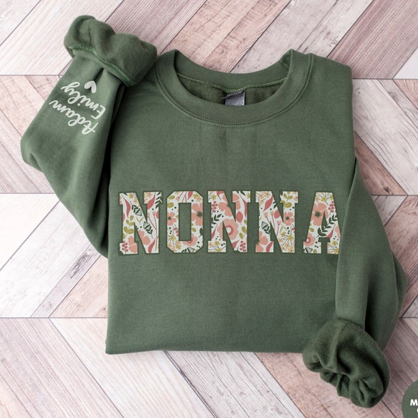 Custom Nonna Sweatshirt with Kid Name on Sleeve, Floral Nonna Crewneck, Personalized Mother's Day Gift For Grandma Shirt, Nonna Sweater