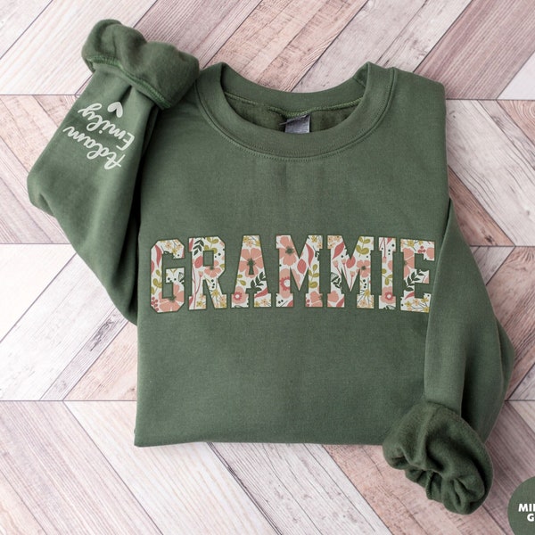 Custom Grammie Sweatshirt with Kid Name on Sleeve, Floral Grammie Crewneck, Personalized Grandma Christmas Gift For Nana Gigi Grammie Shirt