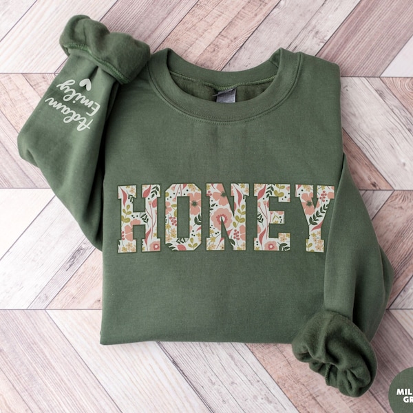 Custom Honey Sweatshirt with Kid Name on Sleeve, Floral Honey Crewneck, Personalized Grandma Christmas Sweatshirt For Honey Gift For Granny