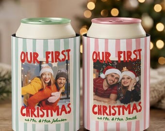 Personalized Our First Christmas as Mr & Mrs Newlywed Christmas Couple Photo Can Cooler, First Christmas Married Couple Holiday Party Favors