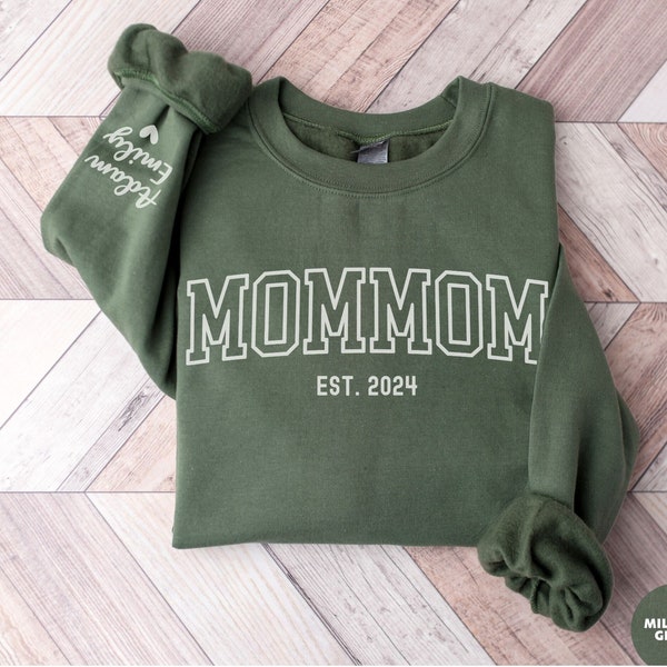 Custom Mommom Est Sweatshirt with Kids Names on Sleeve, Personalized Mommom Est Crewneck, Custom Grandma Mothers Day Gift For Mommom Sweater