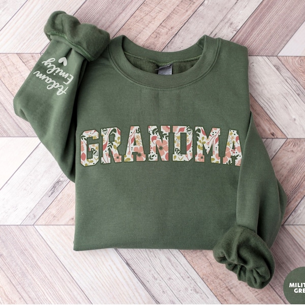 Custom Grandma Sweatshirt with Kid Name on Sleeve, Floral Grandma Crewneck, Personalized Grandma Christmas Sweatshirt For Mimi,Gift For Nana