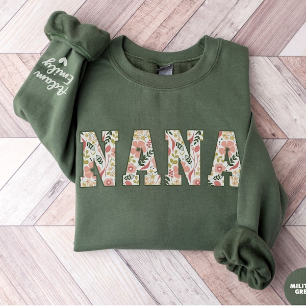 Custom Nana Sweatshirt with Kid Name on Sleeve, Floral Nana Crewneck, Personalized Grandma Christmas Sweatshirt For Nana Mug Gift For Granny