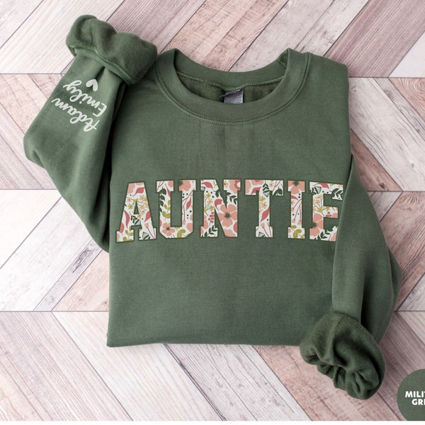 Custom Auntie Sweatshirt With Kid Name On Sleeve, Christmas Aunt Sweater, Floral Aunt Sweatshirt, Custom Christmas Gift For Auntie Crewneck