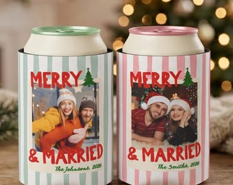 Personalized Merry & Married Christmas Couples Photo Can Cooler, First Christmas Married Couple Can Holder, Newlywed Holiday Wedding Favors