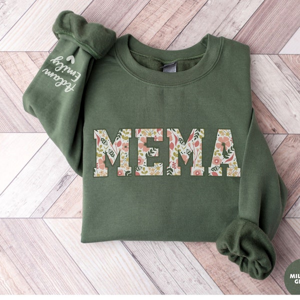 Custom Mema Sweatshirt with Kid Name on Sleeve, Floral Mema Sweatshirt, Grandma Birthday Gift for Mema, Mothers Day Gift For Mom Mema