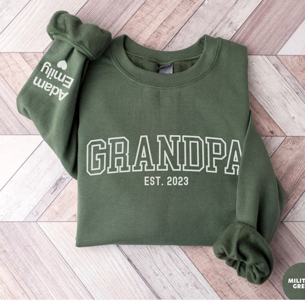 Custom Grandpa Sweatshirt with Kid Name on Sleeve, Personalized Grandpa Est Year Crewneck, Father's Day Gift For Papa Christmas Sweatshirt