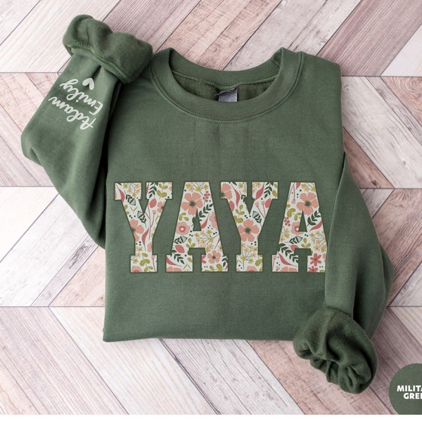 Custom Yaya Sweatshirt with Kid Name on Sleeve, Floral Yaya Crewneck, Personalized Grandma Christmas Sweatshirt For Greek Grandmother Shirt