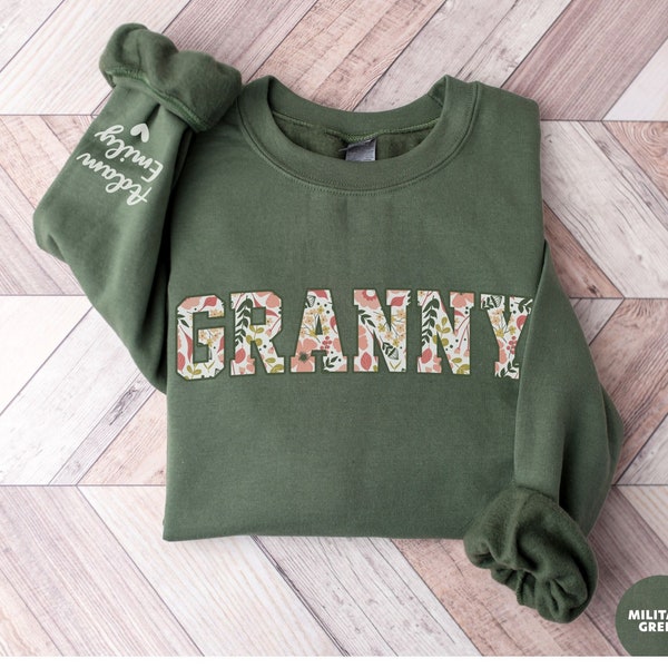 Custom Granny Sweatshirt with Kid Name on Sleeve, Floral Granny Crewneck, Personalized Granny Christmas Sweatshirt For Mimi, Gift For Grammy