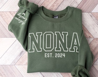 Custom Nona Est Sweatshirt with Kids Names on Sleeve, Personalized Nona Est Crewneck, Custom Grandma Mothers Day Gift For Nona Sweater