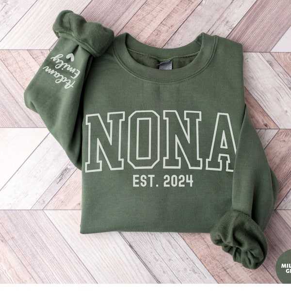 Custom Nona Est Sweatshirt with Kids Names on Sleeve, Personalized Nona Est Crewneck, Custom Grandma Mothers Day Gift For Nona Sweater