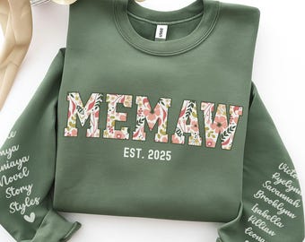 Custom Memaw Sweatshirt with Kid Name on Sleeve, Floral Memaw Crewneck, Personalized Grandma Mothers Day Shirt For Memaw Christmas Gift