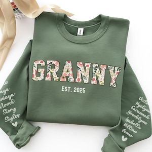Personalized Granny Sweatshirt with Kid Name on Sleeve, Customized Granny Est Shirt Christmas Grandma Shirt Granny Mothers Day Gift image 1