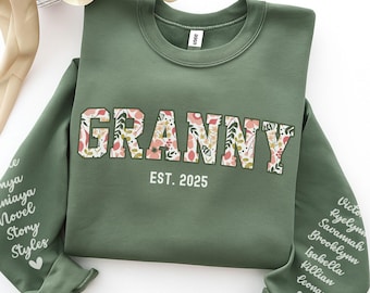 Personalized Granny Sweatshirt with Kid Name on Sleeve, Customized Granny Est Shirt Christmas Grandma Shirt Granny Mothers Day Gift
