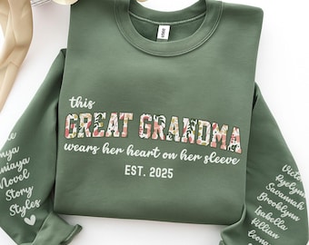 Personalized Floral Great-Grandma Sweatshirt With Grandchildren Names on Sleeve