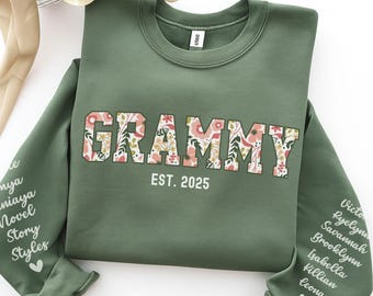 Custom Floral Grammy Sweatshirt with Kid Name on Sleeve, Personalized Grandma Christmas Gift For Grammy Crewneck, Grammie Mothers Day Shirt