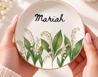 Custom Name Birth Flower Ceramic Trinket Dish, Floral Jewelry Holder, Watercolor Ring Holder Birthday Gift for Her, Wedding Bridesmaid Gift