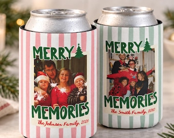 Personalized Merry Christmas Family Photo Can Cooler, Custom Family Christmas Party Favors, Friends Holiday Slim & Regular Drink Sleeve