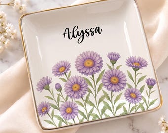 Personalized Birth Flower Ceramic Trinket Dish, Custom Name Watercolor Floral Jewelry Holder, Birthday Gift for Her, Bridesmaid Ring Holder