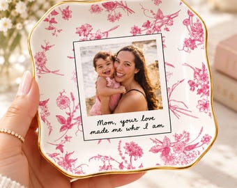 Personalized Photo Mom Jewelry Dish, Custom Floral Mother Daughter Ring Dish, Mother of Bride Keepsake Tray, Mom Birthday Gift Mothers Day