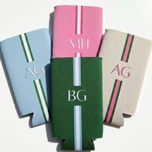 This monogrammed slim can cooler features elegant initials in a grandmillennial style. Perfect for a coastal bachelorette celebration by the beach. A chic drink accessory for relaxed seaside weekends.