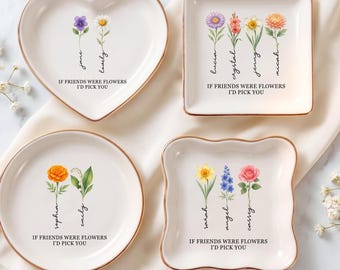 Personalised Birth Flower Jewelry Dish For Besties Trinket Tray, Custom Friendship Ring Dish, Wedding Bridesmaid Best Friend Birthday Gift