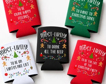 Most Likely To Funny Quotes Christmas Can Cooler, Family Christmas Party Favor Custom Friendsmas Group Gift Xmas Office Holiday Drink Sleeve