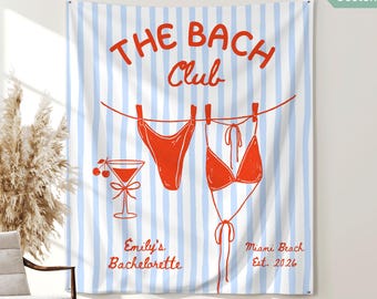 Décoration personnalisée pour enterrement de vie de jeune fille sur la plage avec bannière « The Bach Club », tapisserie murale personnalisée pour douche nuptiale, bikinis, martinis et toile de fond pour voyage entre filles.