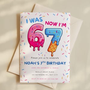 Editable 6 7 meme birthday invitation with ice cream theme. A funny digital Canva template for 7th birthday parties, perfect for tween boys and girls.