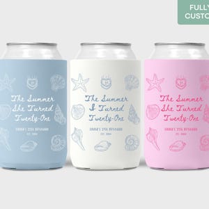 The Summer I Turned Twenty One Birthday Can Cooler Decor Custom 21st Birthday Slim Can Holder Coastal Seashell 21 Birthday Party Can Sleeves