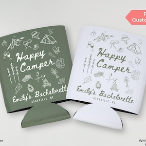 Camp EVJF, glacière, décoration Happy Camper, porte-canette mince, camping, thème Bach, lac, montagne, randonnée, nuptiale, boisson, manche