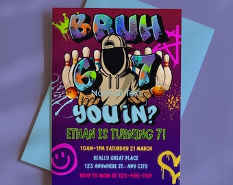 Bruh Six Seven Bowling Kids Birthday Invitation, 67 Graffiti Birthday Party Neon Glow Invite Viral 6 7 Meme Editable Canva Template Digital