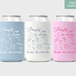 Caught Up in Love Bachelorette Party Can Cooler Fishing Bachelorette Slim Can Holder Lobster Coastal Beach Maine Bridal Party Drink Sleeve
