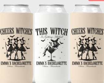 This Witch is Getting Hitched Halloween Bachelorette Party Can Cooler Decor, Custom Witch Bachelorette Slim Can Holder Salem Gothic Wedding