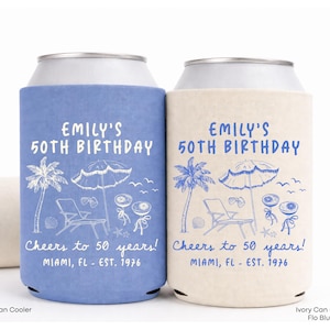 Individuell gestalteter Strand-Dosenkühler zum 50. Geburtstag, personalisierter schlanker Dosenhalter im Küstenstil, Gastgeschenke zum 50. Geburtstag, „Prost auf 50 Jahre“-Geschenk
