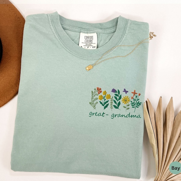 Embroidered Great Grandma Shirt Comfort Colors®, Floral Great-Grandma T-shirt, Mothers Day Gift, Embroidery Great Grammy Shirt For Grandma