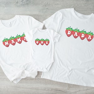 Strawberry First Birthday Matching Family Shirts, Strawberries 1st Birthday Party Outfit, Mommy and Me Shirts Strawberry Mama Daddy T-Shirt