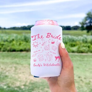 Halloween bachelorette coozie featuring mystical motifs for a custom dark fairytale celebration. can holder with witch bride theme, ideal for goth brides, tarot-loving crews, and potion-fueled parties.