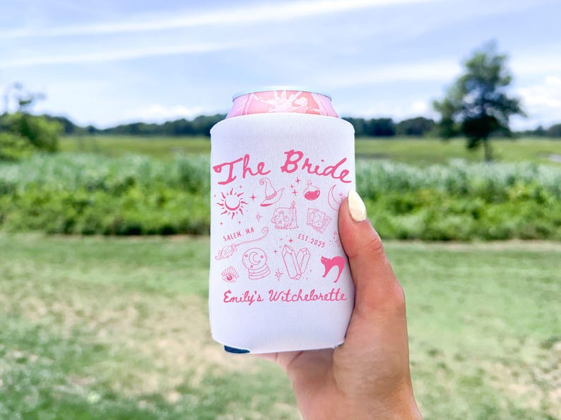 Halloween bachelorette coozie featuring mystical motifs for a custom dark fairytale celebration. can holder with witch bride theme, ideal for goth brides, tarot-loving crews, and potion-fueled parties.
