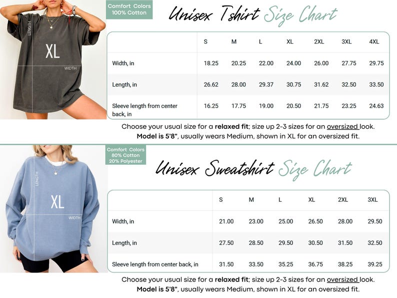 The image is a size chart for two different types of clothing: a gray t-shirt and a blue sweatshirt. The chart provides measurements for the t-shirt and sweatshirt, including width, length, sleeve length, and sleeve width.