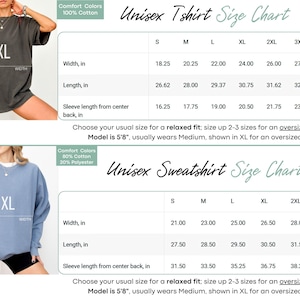 The image is a size chart for two different types of clothing: a gray t-shirt and a blue sweatshirt. The chart provides measurements for the t-shirt and sweatshirt, including width, length, sleeve length, and sleeve width.