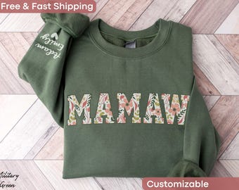 Benutzerdefiniertes Mamaw-Sweatshirt mit dem Namen des Kindes auf dem Ärmel, Mamaw-Rundhalsausschnitt, personalisiertes Oma-Weihnachts-Sweatshirt für Mamaw-Pullover