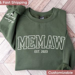 Custom Memaw Sweatshirt with Kid Name on Sleeve, Personalized Memaw Est Date Sweater, Grandma Christmas Sweatshirt For Memaw Crewneck
