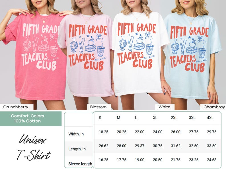 May include: Four t-shirts in different colors: pink, light pink, white, and light blue. Each shirt has the text "FIFTH GRADE TEACHERS CLUB" with school-themed graphics. The shirts are unisex and made of 100% cotton.