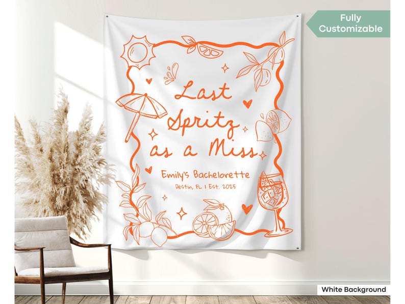 Bachelorette party banner featuring “Last Spritz As A Miss” text with Aperol Spritz illustrations, orange slices, and sunny accents, designed for beachside or poolside bachelorette photo backdrops.