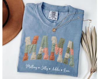Comfort Colors® Custom Mama Shirt Kids Names, Faux Patchwork Floral Mom T-Shirt, Personalized First Mothers Day Shirt For New Mom Birthday