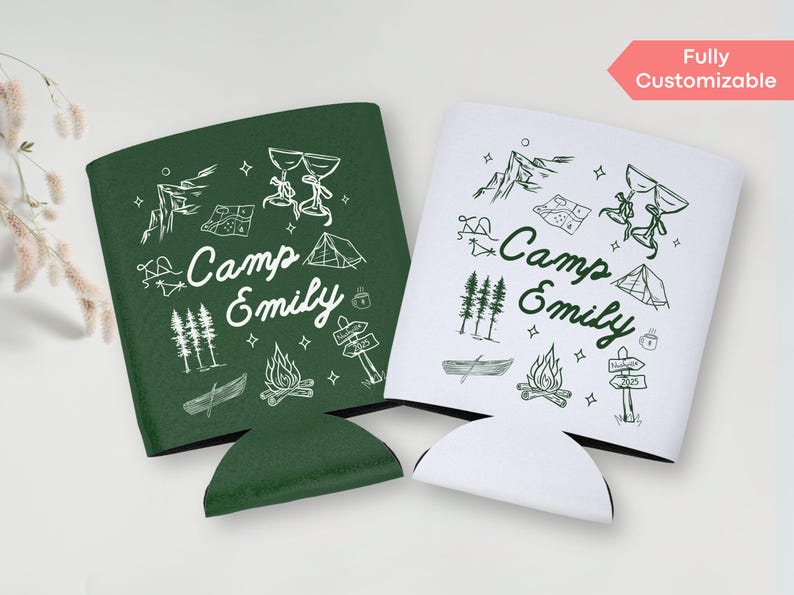 Add the perfect finishing touch to your camping bachelorette or birthday celebration with these rustic-themed coozies, designed for outdoor fun.