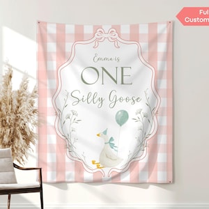 Décoration de bannière de fête d'anniversaire One Silly Goose personnalisée Oie florale rose premier anniversaire tapisserie signe 1er anniversaire oie toile de fond pour garçon fille